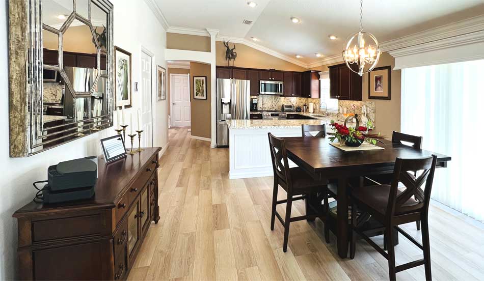 Charlotte model - After, floor is so Realistic and Countertops pop, Home Décor by Ruth Dyer - in the Villages of Florida.