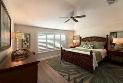 Master bedroom of courtyard villa model, After, is a lush inviting space, Interior Design - Home Décor by Ruth Dyer.