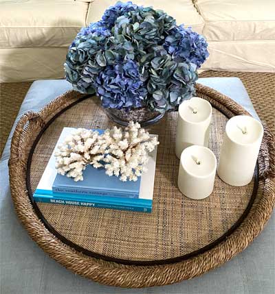 Hydrangea in glass with shells - Interior Design - Home Décor by Ruth Dyer.