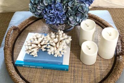 Lots of Hydrangea in glass with shells - Interior Design - in the Villages of Florida.