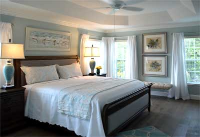 Coastal Cool Master Bedroom, Iris model - Interior Design - in the Villages of Florida.