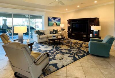 After, living room, Sanibel Model, is Bright and the Rug pops, Interior Design, Villages of Florida.