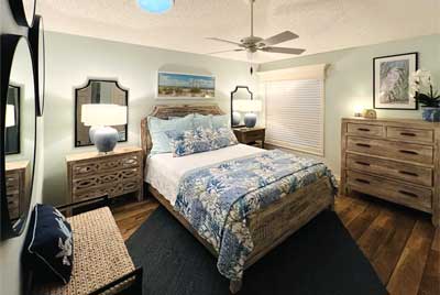 Filled with layered blue, Bedrooms, Home Décor by Ruth Dyer - in the Villages of Florida.