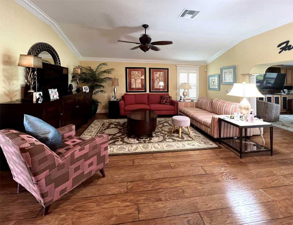 Before, Room was very Energetic and a bit Dated, living room of a Gardenia model, Home Décor by Ruth Dyer - in the Villages of Florida.