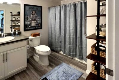 the Commode and Shower curtain, Home Décor by Ruth Dyer - in the Villages of Florida.