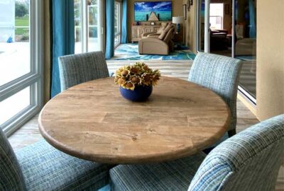Bright blue Lanai, narrow but functional Lanai, Interior Design - in the Villages of Florida.