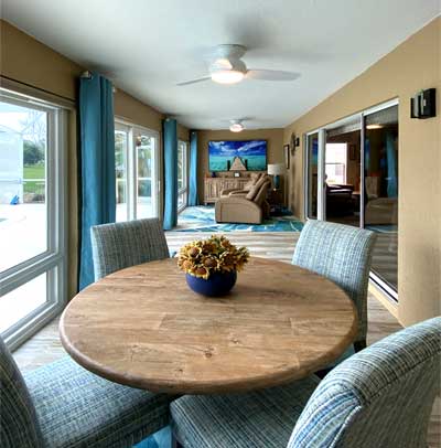 Bright blue Lanai, Interior Design - Home Décor by Ruth Dyer.