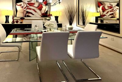 Modern Drama in a Gardenia dining room, Interior Design - by Ruth Dyer.