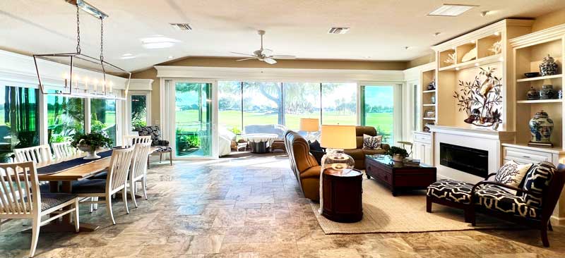 The room is large, bright, and inviting ! living room and dining room, an Orchid model, Interior Design - in the Villages of Florida.